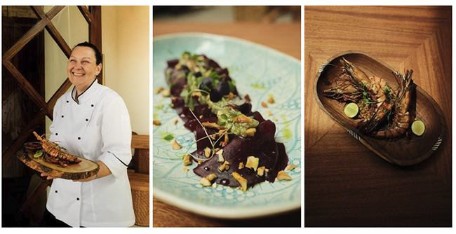 Chef presenting freshly prepared seafood dishes at ENVI Paje in Zanzibar