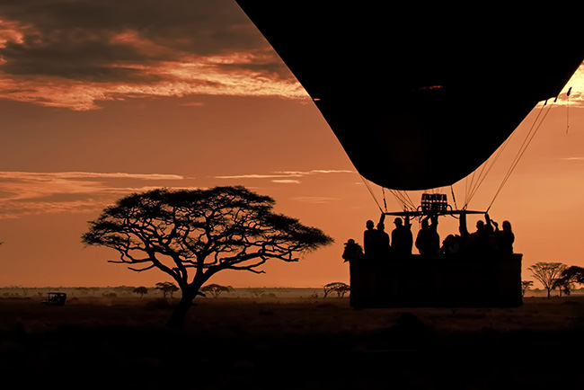 Hot air balloon safari over the Serengeti at dawn